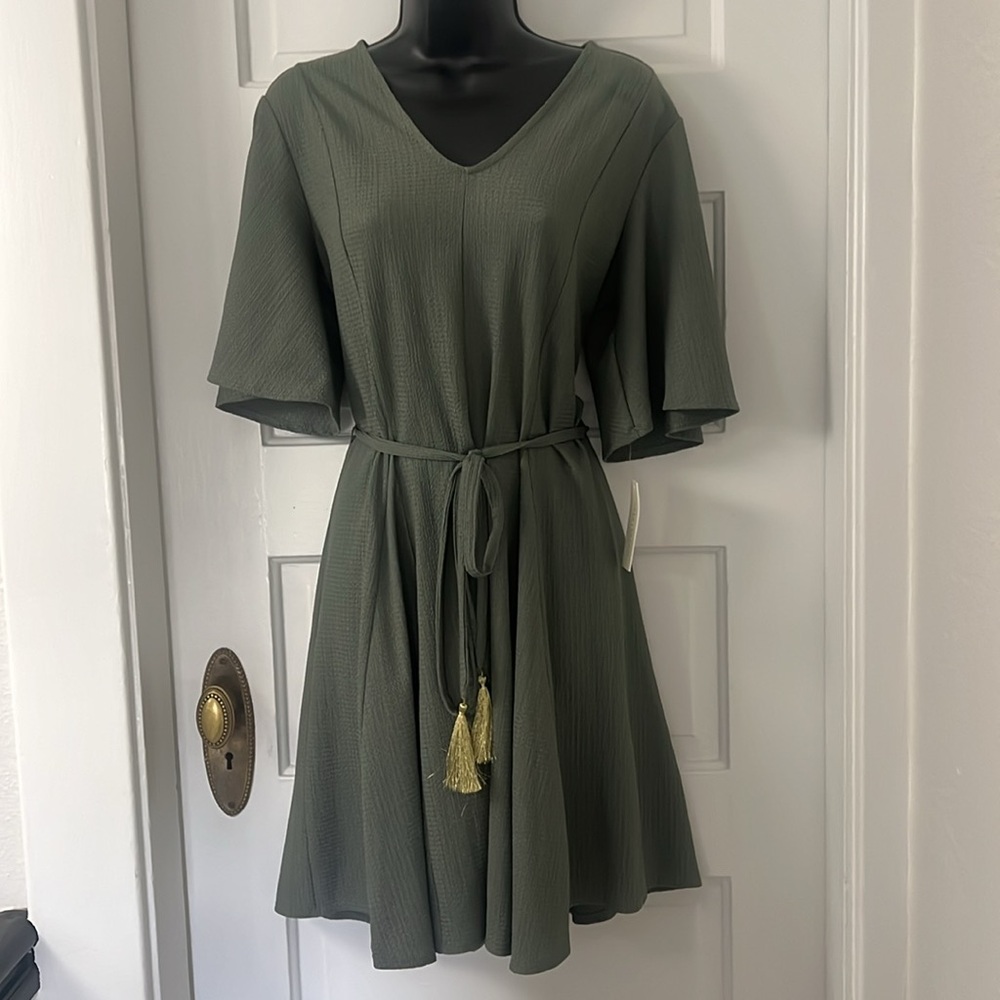 Olive Green Dress with Gold Tassled Tie Waist by Tash + Sophie. Sz M - NWT